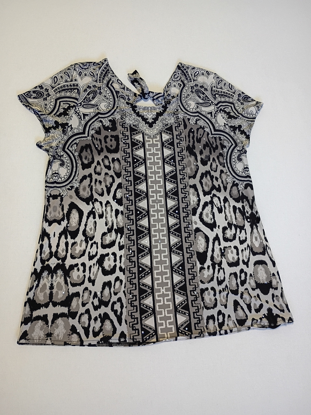 INC International Concepts Studded Mixed Print Blouse Leopard Paisley Cap Sleeve